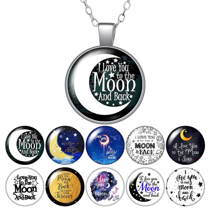 

"i Love You to the Moon and Back " Moon Round Pendant Necklace 25mm Glass Cabochon Silver Color Jewelry Women Birthday Gift 50cm