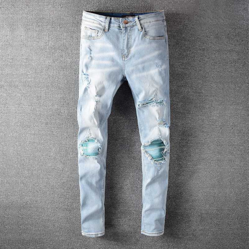 

amiligo fashion Amir Street hip hop wash hole blue embroidery jeans #645 LEMG