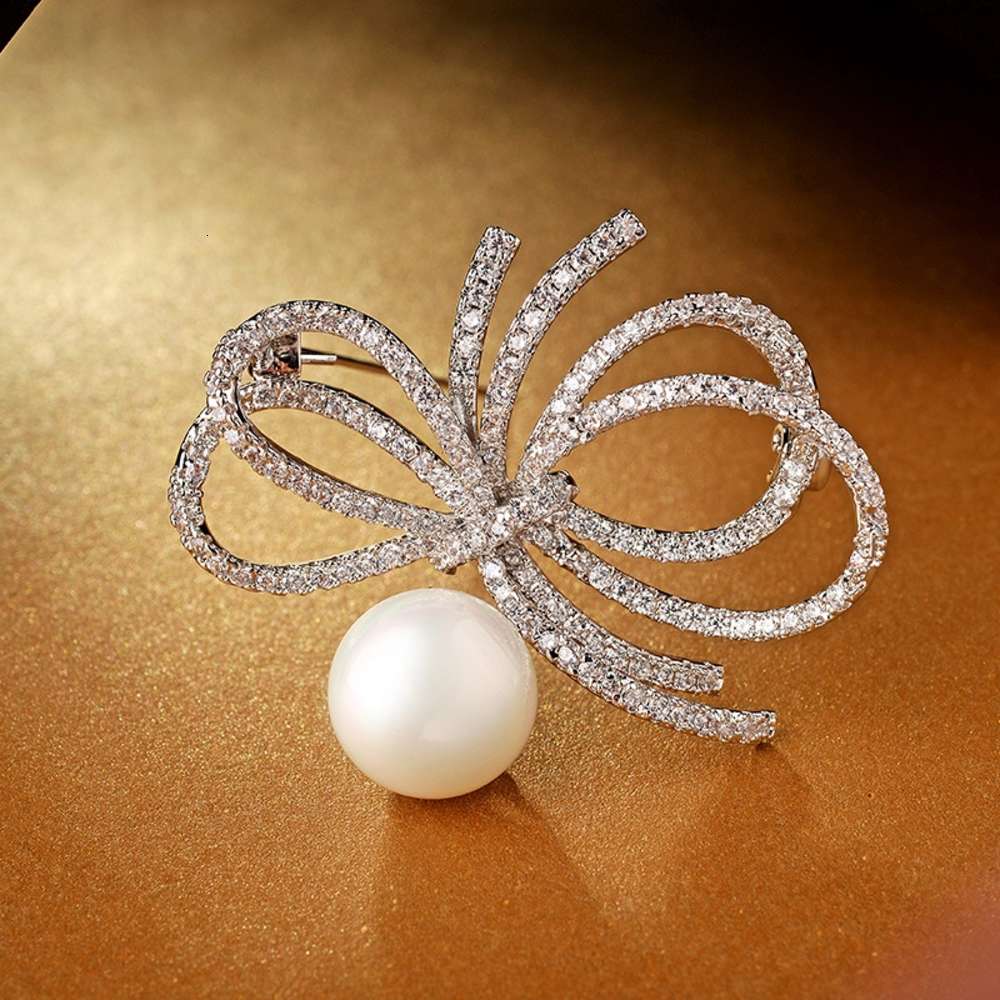 Fashion creative new micro inlaid zircon bow high grade pearl brooch suit pin accessories-image-695394546