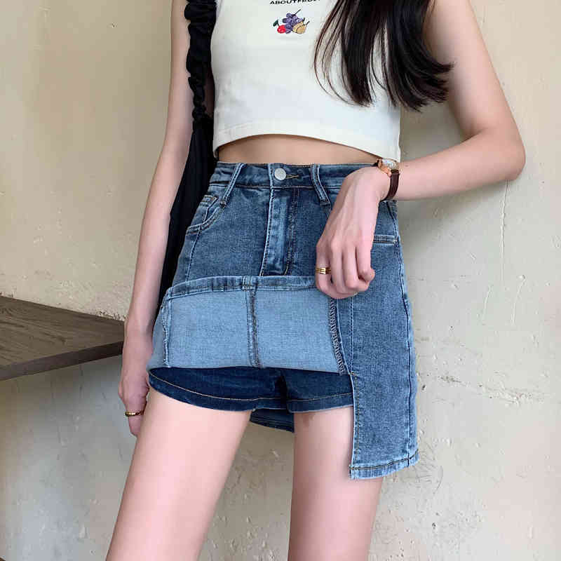 

South Korea's Dongdaemun thin high-waisted side slit denim short culottes a-line skirt 210429, Blue