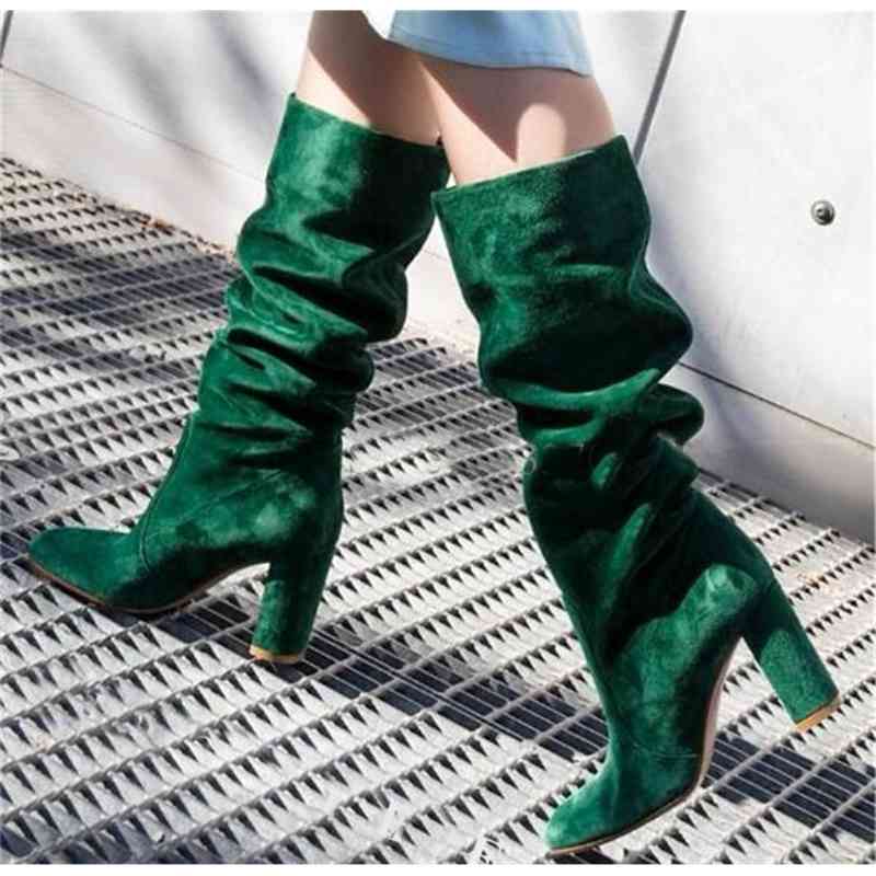 

boots woman high-heeled boots, leather boots with toe round green plied at knee height 4ag4, Black