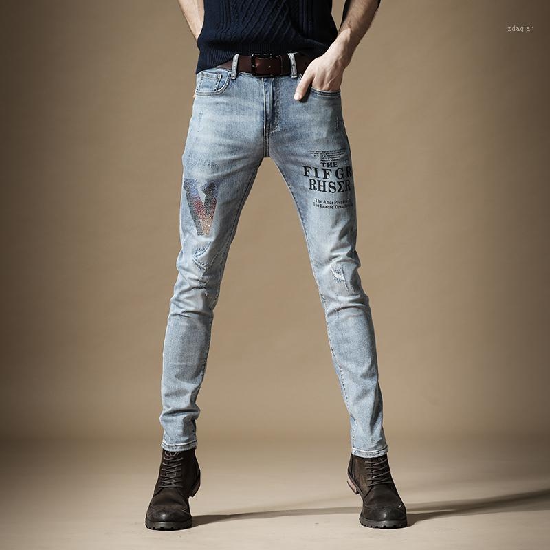 

Jeans Summer Men Ripped Fashion Rhinestone Printed Denim Casual Streetwear Blue Straight Pants Men's