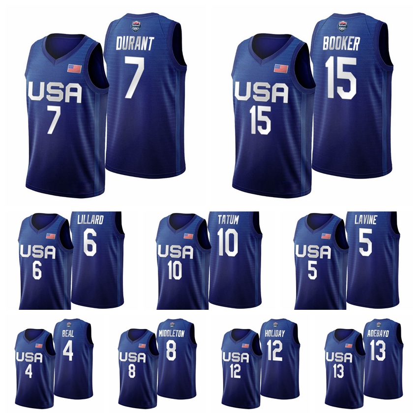 

USA Team 2021 Tokyo Olympics Basketball 15 Booker 5 LaVine 10 Tatum 7 Durant 12 Holiday 13 Adebayo 6 Lillard 8 Middleton 11 Love 4 Beal 9 Gr, Black;red