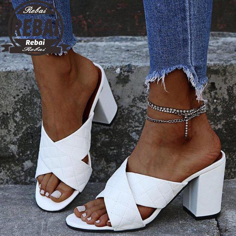 

Sandals Summer Cross Women's Fashion PU Leather Sleeve Foot Chunky High Heels Fish Mouth For Lady Sandalias De Tacon 43, Black