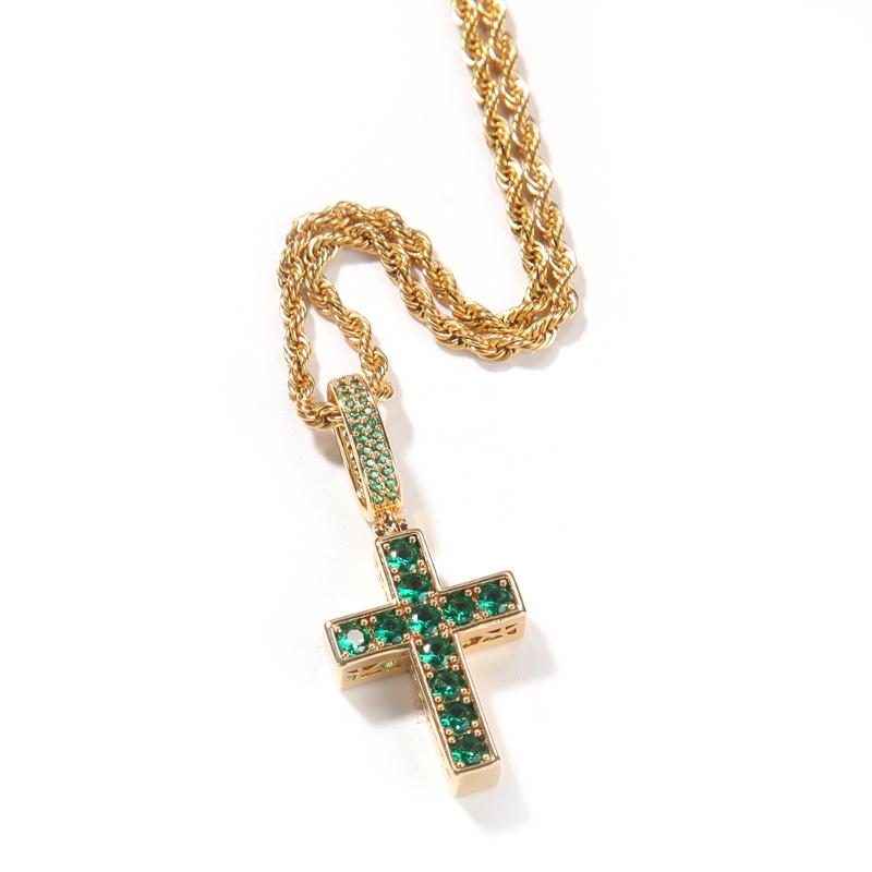 

Chains Fashion 2 Tone Cross Pendant Necklace For Women Iced Out Blue And Green Cubic Zirconia Pendants Hip Hop Jewelry Gifts