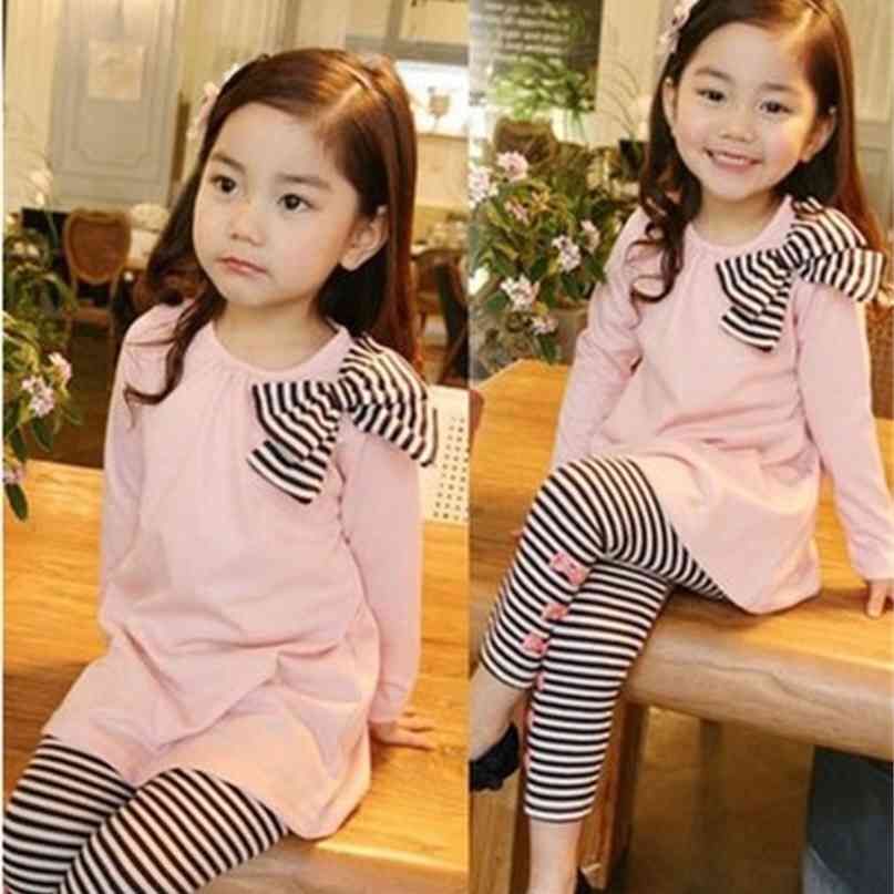 

Retail and wholesle spring autumn toddler girl clothing sets children clothes kids top with bow+striped leggings 2pcs 210831, Blue