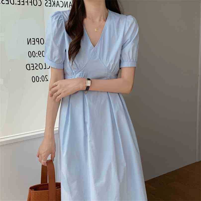 

Solid Elegant Loose Chic Office Lady Streetwear Long Dresses Korean Minimalist Retro Summer V-Neck Vestidos 210525, Blue