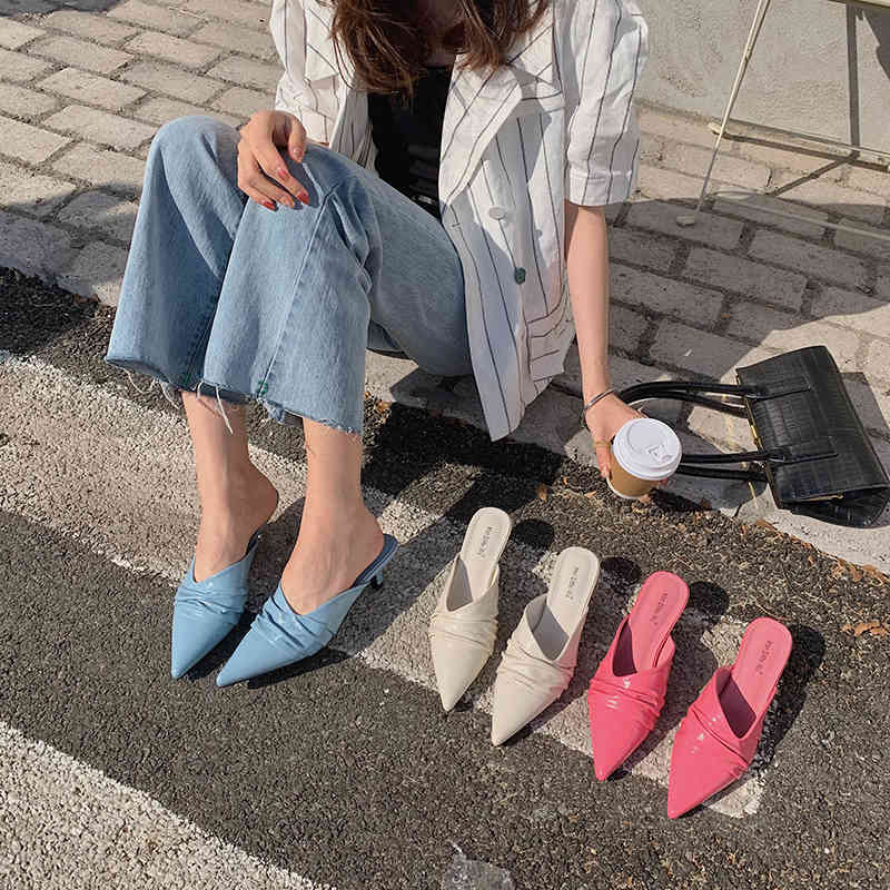 

Slippers Pointed Toe Fashion Women Thin Low Heels Pink/Blue/White Shallow Mules Casual Slides Elegant Shoe M301