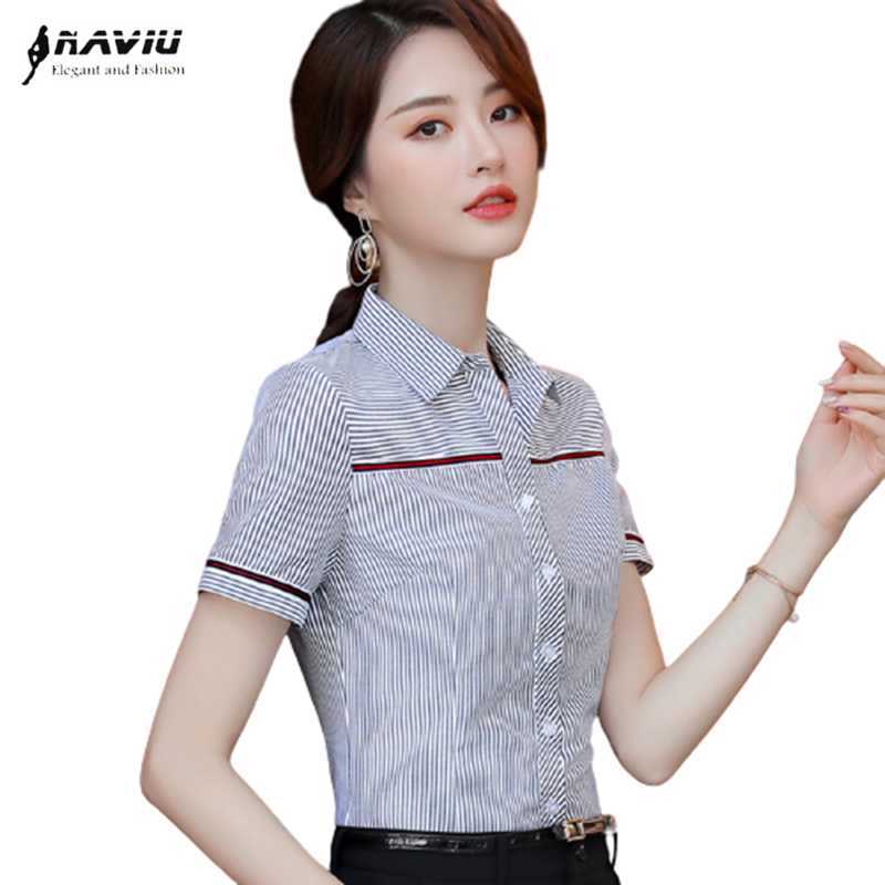 

Summer Women Formal Stripes Shirt OL Professional Slim Cotton Blouse Office Ladies Elegant Work Wear Plus Size Tops 210604, Gray stripe