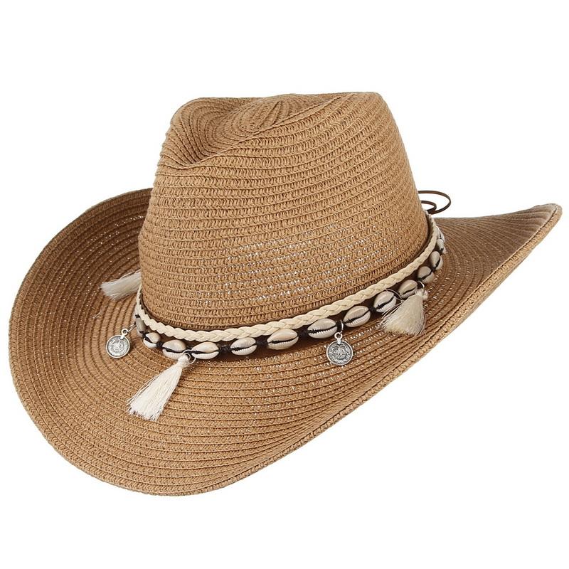 

Wide Brim Hats Western Cowboy Women Panama Paper Natural Shell Conch Decorate Straw Hat Beach Summer Sun Visor Caps Sombrero Drop, Dark grey