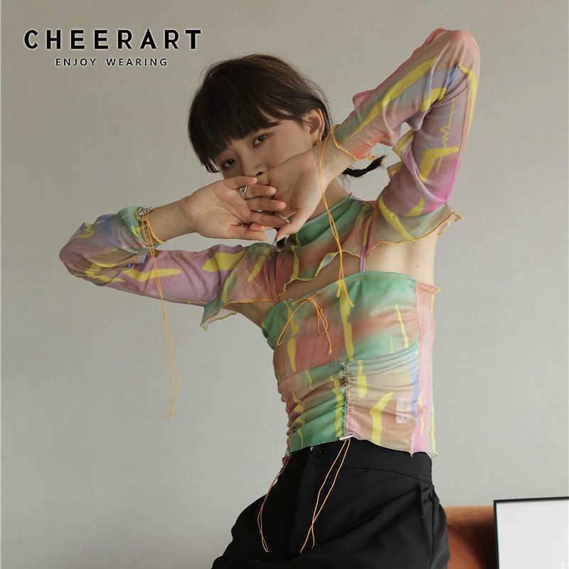 

CHEERART Colorful Pink Mesh Cami Top Summer Crop Top Women Shirred Spaghetti Strap With Smocked Top Fashion Designer 210616