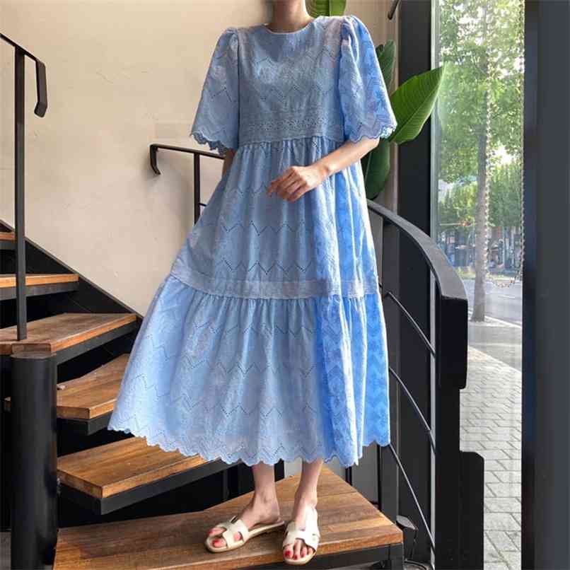 

Korea Chic Retro Round neck Hollow out Lace crochet Embroidery Loose Dress Female Short Sleeve Oversize Robe Femme 210602, Blue