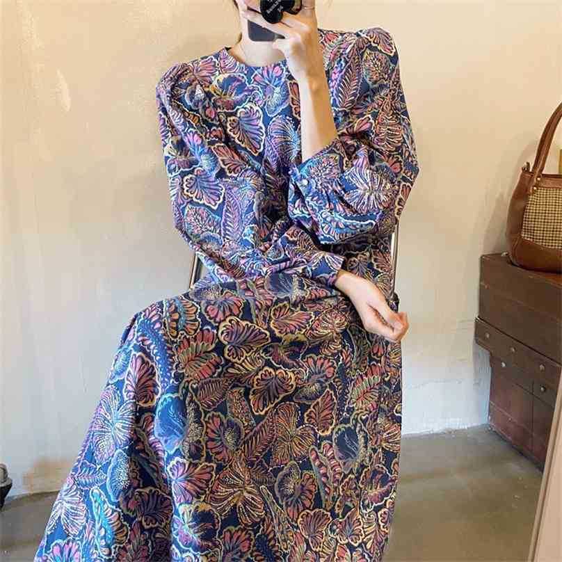 

Retro Elegance French Chiffon Loose Vestidos Floral Printing Elegant O-Neck Women All Match Long Dresses 210525, Purple