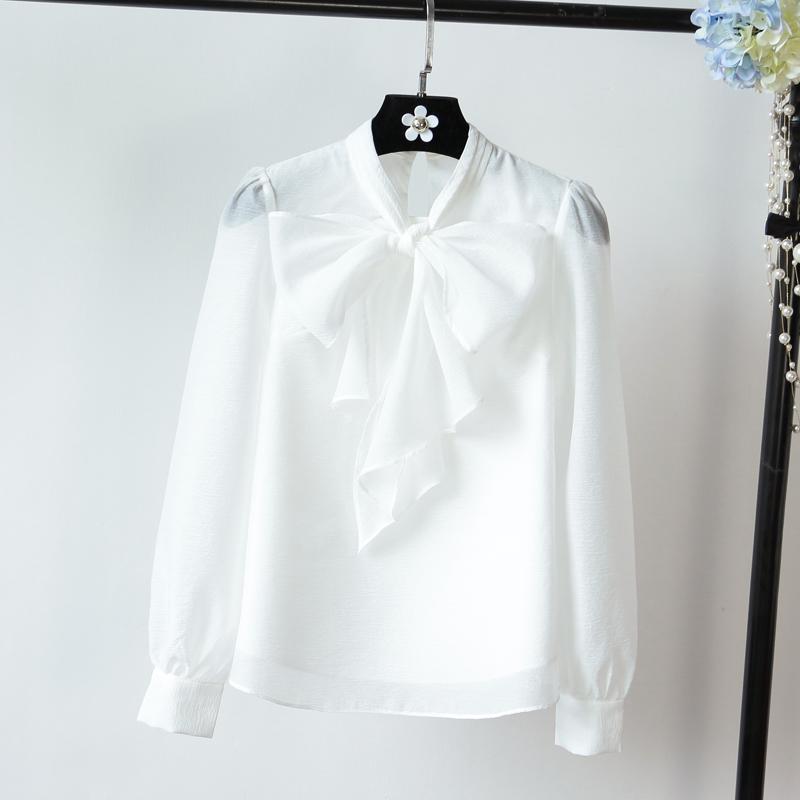 

Women' Blouses & Shirts Organza Tops 2021 Spring Clothing Sweet Bow Lace-up Long Sleeve Shirt White Blouse Ladies Office Blusas