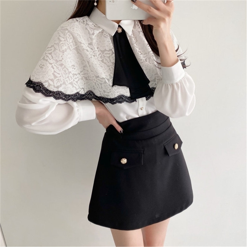 

Ruffles Full Sleeves Hook Flowers White Sweet Patchwork Lace Brief Shirts Stylish Women Blouses All Match Tops 210525