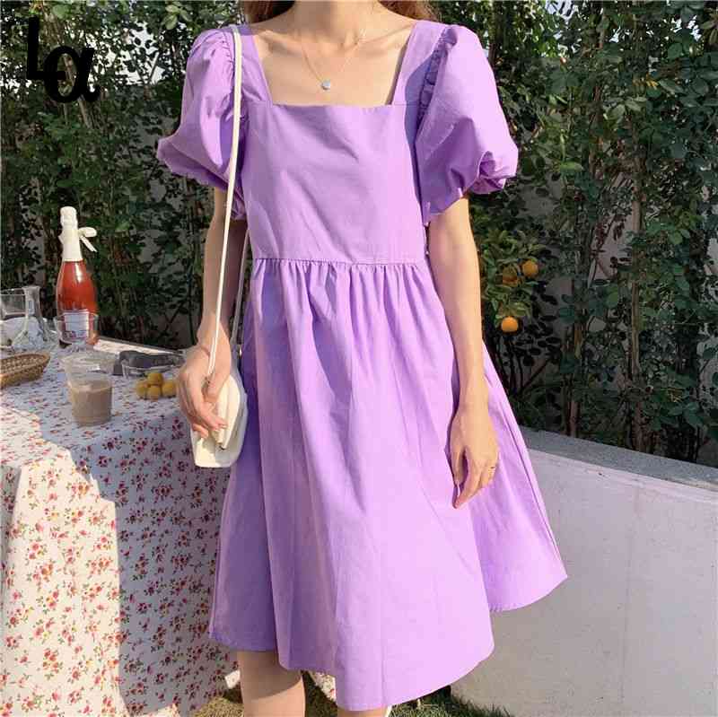 

Women Solid Loose Square Collar Dress High Waist Puff Sleeve Lady Boho Vestidos Summer Korean Style Elegant Fairy 210519, White