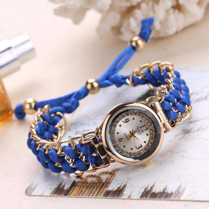 

Wristwatches 1pcs Woman Rhinestone Bracelet Watch Handmade Knitting Rope Chain Winding Analog Quartz Movement Elastic Fashion Wrist #88, Slivery;brown