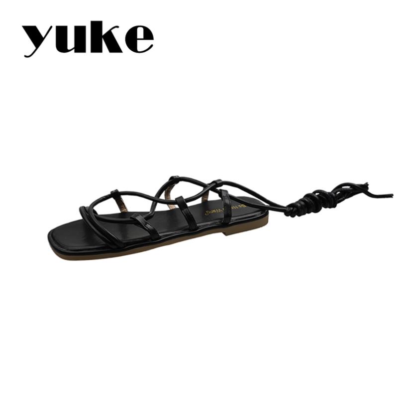 

Sandals YUKE Woman Casual Fashion Summer Ladies Cross-tied Breathable Lace-up Flats Elegant Office Sweet Beach Non-slip Shoes, Black