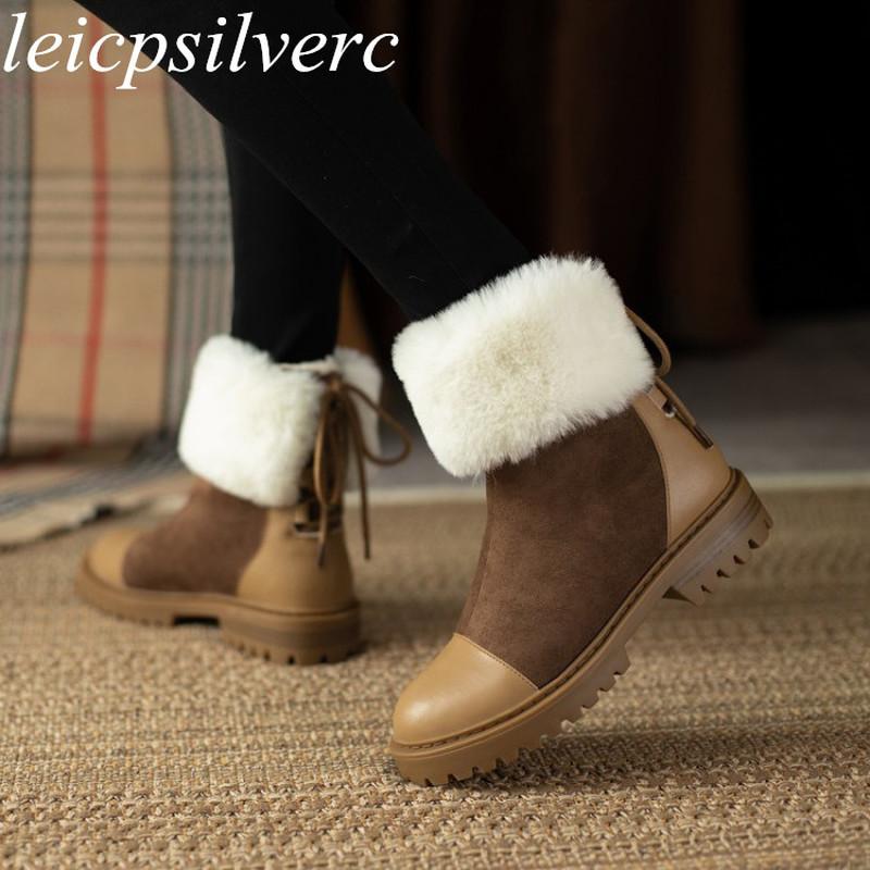

Boots Women's Snow Autumn Winter Warm Ankle Med Heel Square Lace Up Fur Patchwork Adult Platform 2021 Sweet Fashion, Black