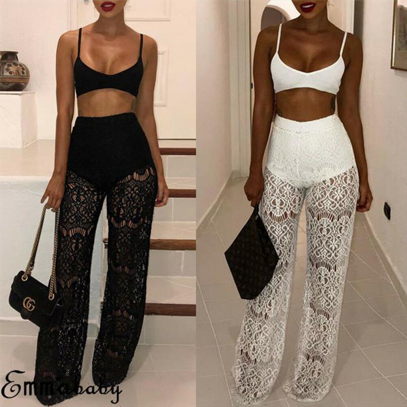 

Sexy Sheer Floral Lace Womens Capris Beach Clothing Cover Up High Waist Hollow Out Long Lady Clothes, Black;white