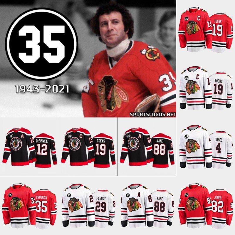 

#29 Marc-Andre Fleury 35 Patch Honor Tony Esposito Jersey Chicago Blackhawks 4 Seth Jones 88 Patrick Kane 19 Jonathan Toews 12 Alex DeBrincat 82 Caleb Jones Jerseys, Custom red