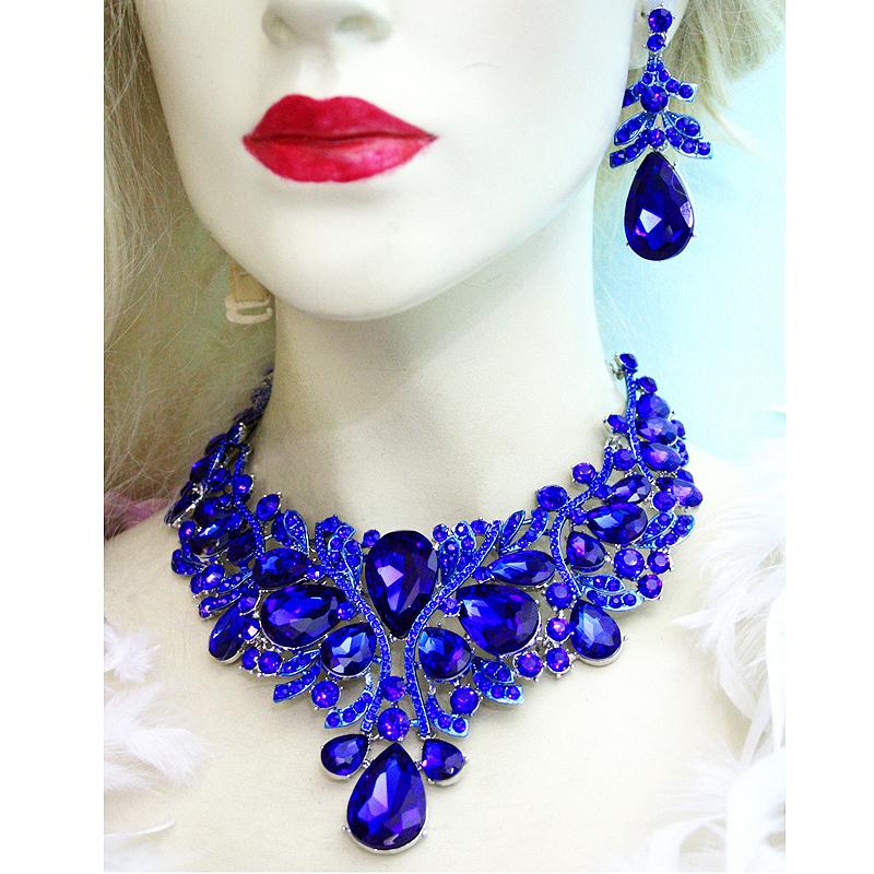 

Earrings & Necklace Roay Blue Color Women Jewelry Sets Rhinestone Crystal Set Bridal Prom Party Pageant Dress Christmas Gift Chain, Silver