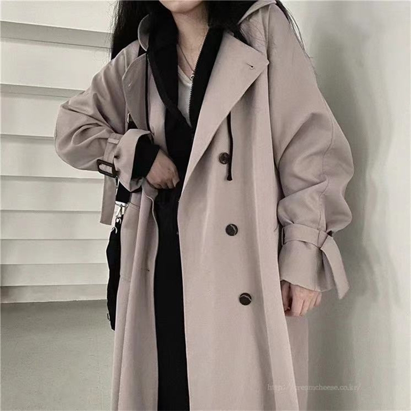 

Woman Windbreaker Coat Black Retro British Style Spring Medium Long Korean Preppy Style Fashion Loose Women Oversize Coat 210826