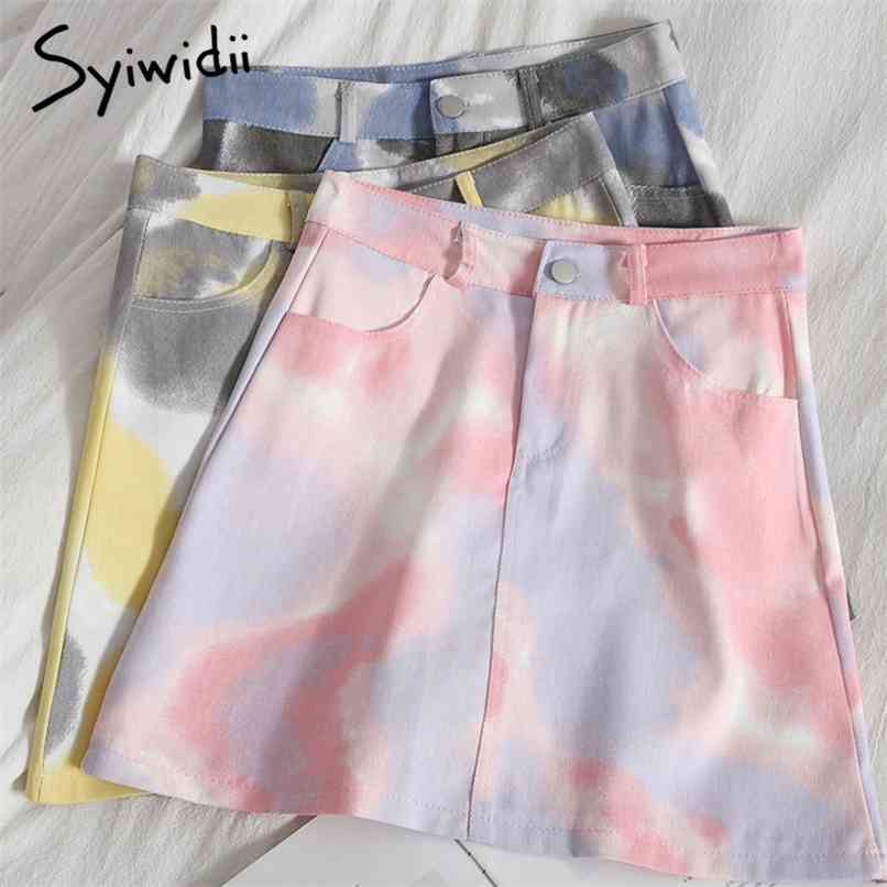 

High Waist Mini Denim Skirt Women Zipper A-Line Pink Yellow Tie Dye Summer Clothes Korean Fashion Office Lady 210607, Blue gray