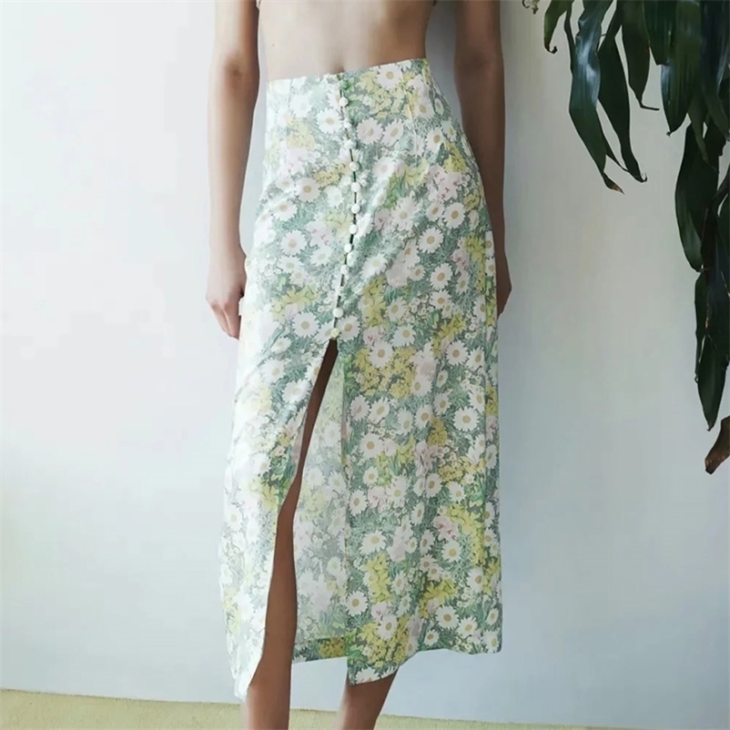 

Women printed skirt with slit hem zipper A-line skirts for female Fashion outwear bottoms clothing 210524, Green