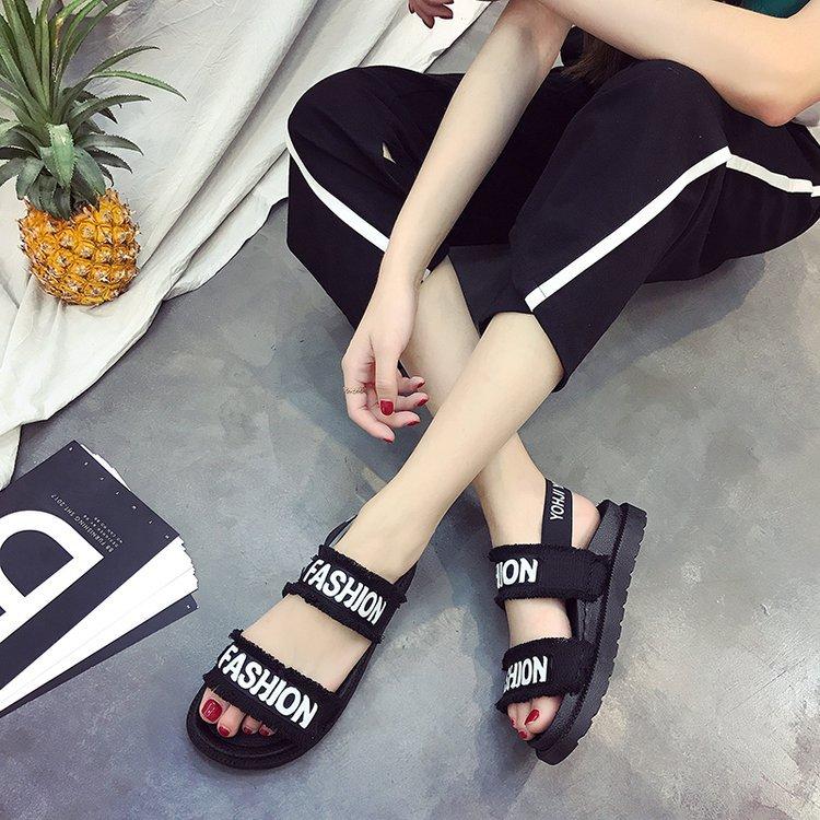 

Open Toe Low Flat With Platform Sandals Women Fashion Front Rear Strap Ladies Shoes Elastic Band Beach Basic, Black