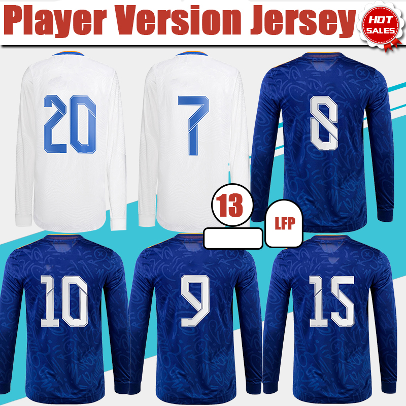 

Player Version Long Sleeve Soccer Jerseys Home White Soccer Shirt Away Blue Customized Men Adult Football Jersey 2021 2022