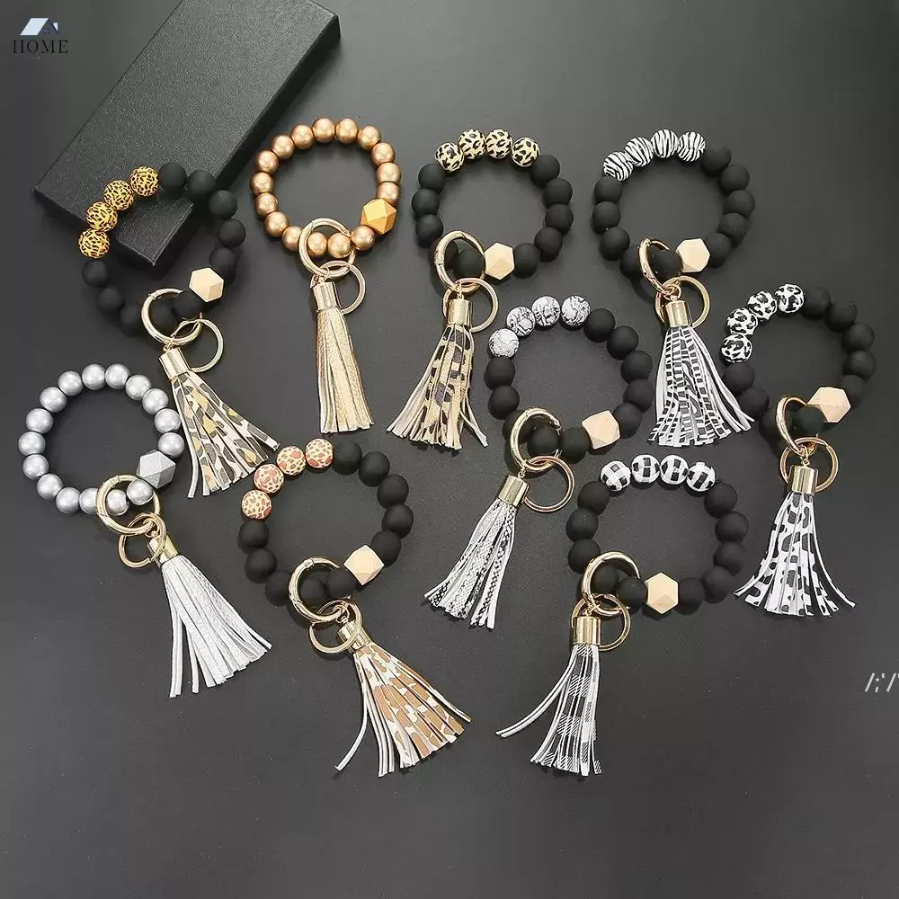 

NEW! Black Frosted Wooden Bead Bracelet Keychain party favor Fashion Pattern Tassel Pendant Bracelets Women Girl Key ring Wrist Strap