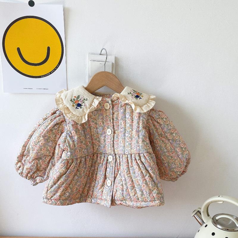 

Jackets 2021 Winter Baby Girls Floral Printed Thicken Coats Korean Style Ruffles Embroidery Toddlers Kids Cotton Padded Outerwear