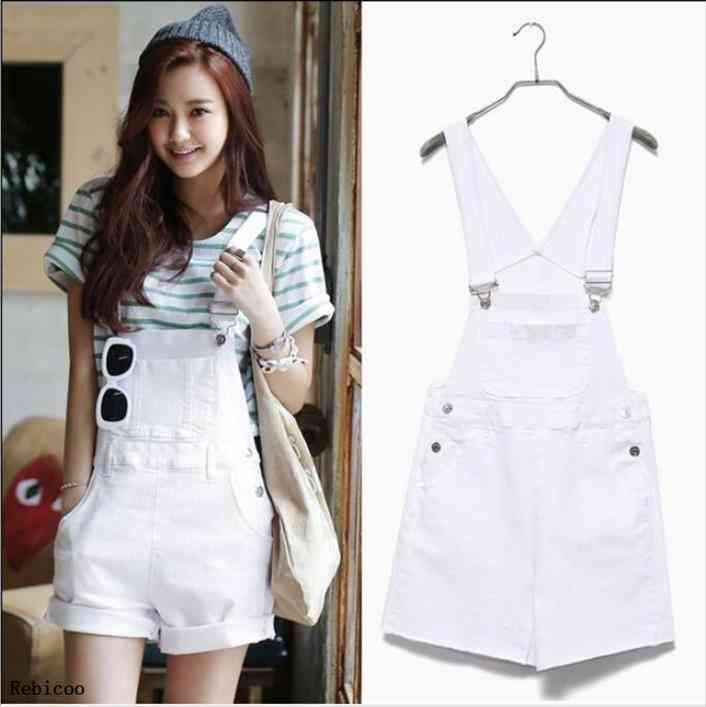 

summer casual short denim overalls women loose high waist pockets jeans romper playsuit jumpsuit streetwear female clothing, Black;white