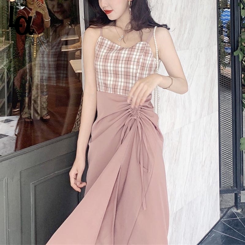 

Elegant Vintage Green Strap Dress Women Designer Sexy Plaid Ribbon Midi Clothing Fashion Sweet Holiday Wear Summer 210519, Pink