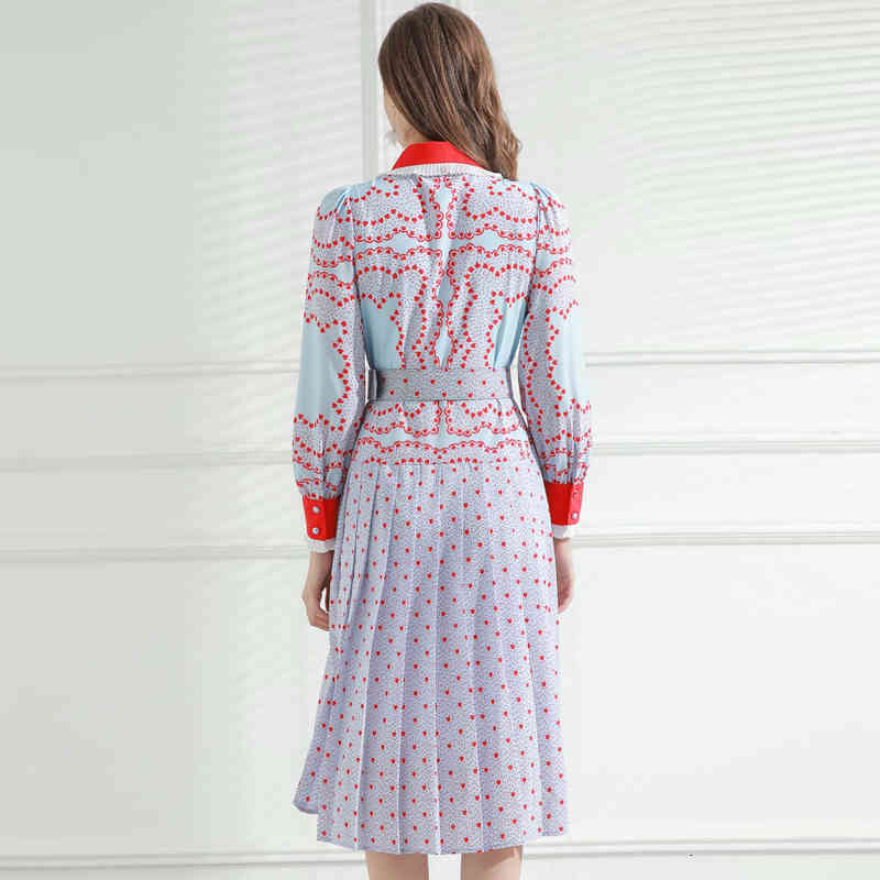 

dress Seqinyy casual early spring summer fashion design female track plied red heart dot print knee blue with belt