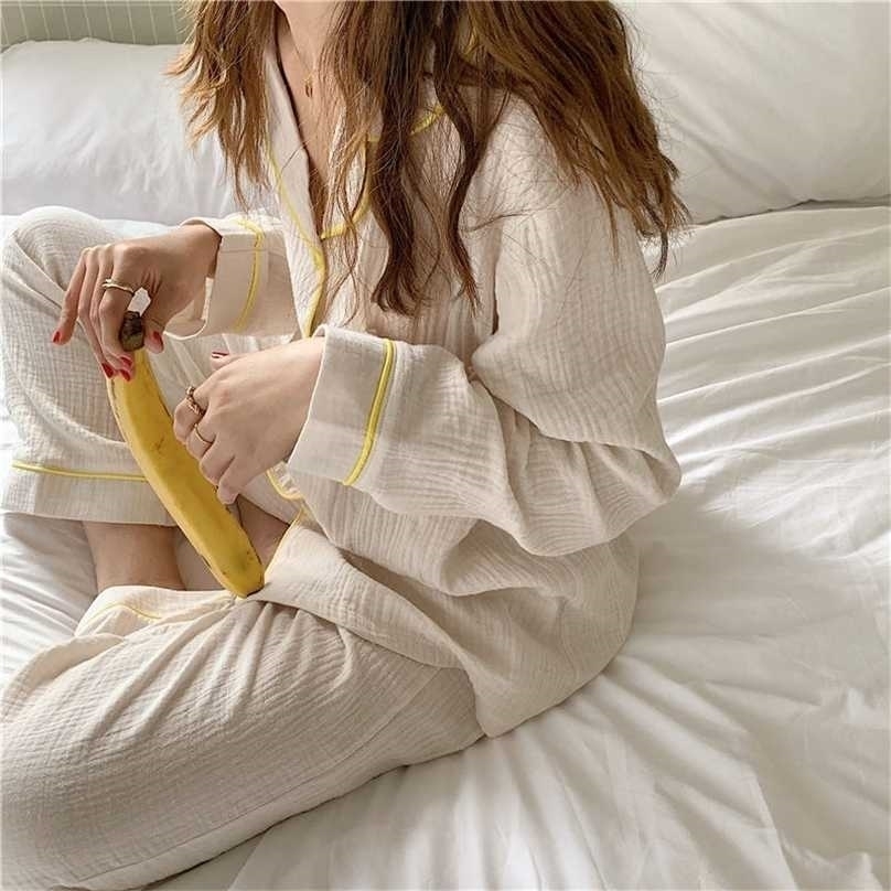 

Home Suit Cotton Pajamas for Women Loungewear Long-sleeved Trousers Ladies Korean Style Long Pijamas Femme 211109, Yellow