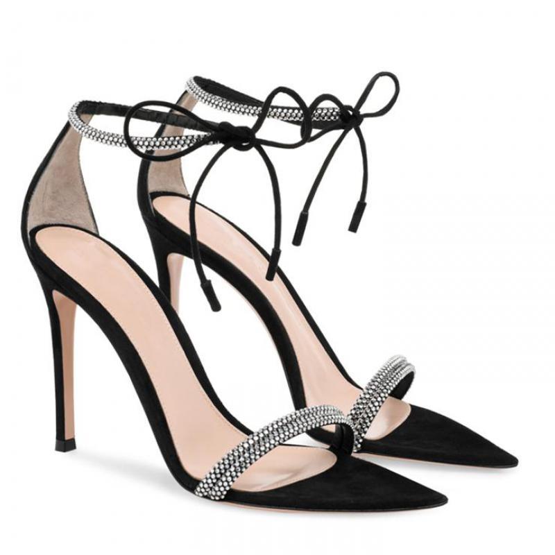 

Sandals 2021 Summer Women's Rhinestone Ankle Strap Hollow Open Toe High Heels Sandalias Genuine Leather Crystal Party Shoe, Black