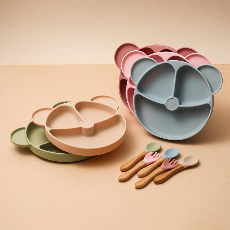 

Cups, Dishes & Utensils 3Pcs /Set Baby Feeding Training Plate Food Grade Silicone Bowl Spoon Fork Kids Cartoon Little Bear Children Tablewar