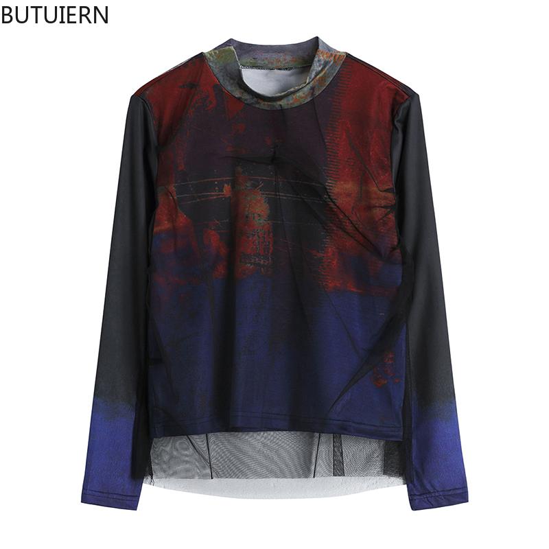 

Shirt Tops Women Streetwear Long Sleeve Mesh Stand Collar Loose Casual Y2K Tide Tees Female 2021 Summer Fashion Grunge Women' T-Shirt, Red
