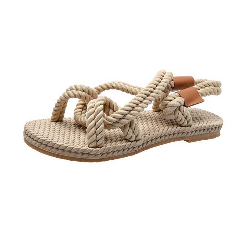 

2020 New Flat Sandals Handmade Straw Shoes Women Linen Woven Hemp Rope Sandals Beach Women's Shoes Y0721, Black