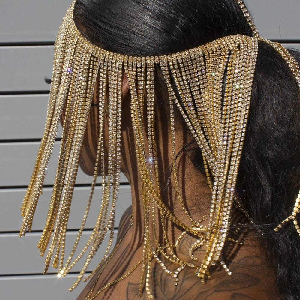 

Luxury Rhinestone Forehead Long Tassel Head Chain Jewelry for Women Bling Crystal Hair Band Multi-Layer Hair Chain Accessories X0625, Slivery;golden