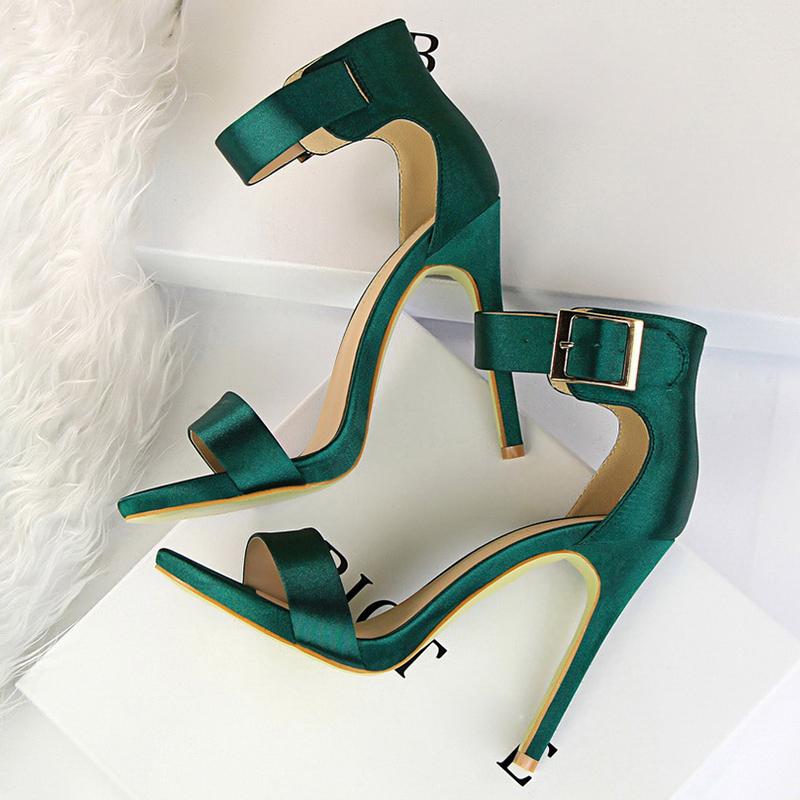 

Plus Size 43 Women Satin 11cm High Heels Fetish Silk Sandals Platform Gladiator Summer Shoes Lady Green Sexy Strap Pumps, Black