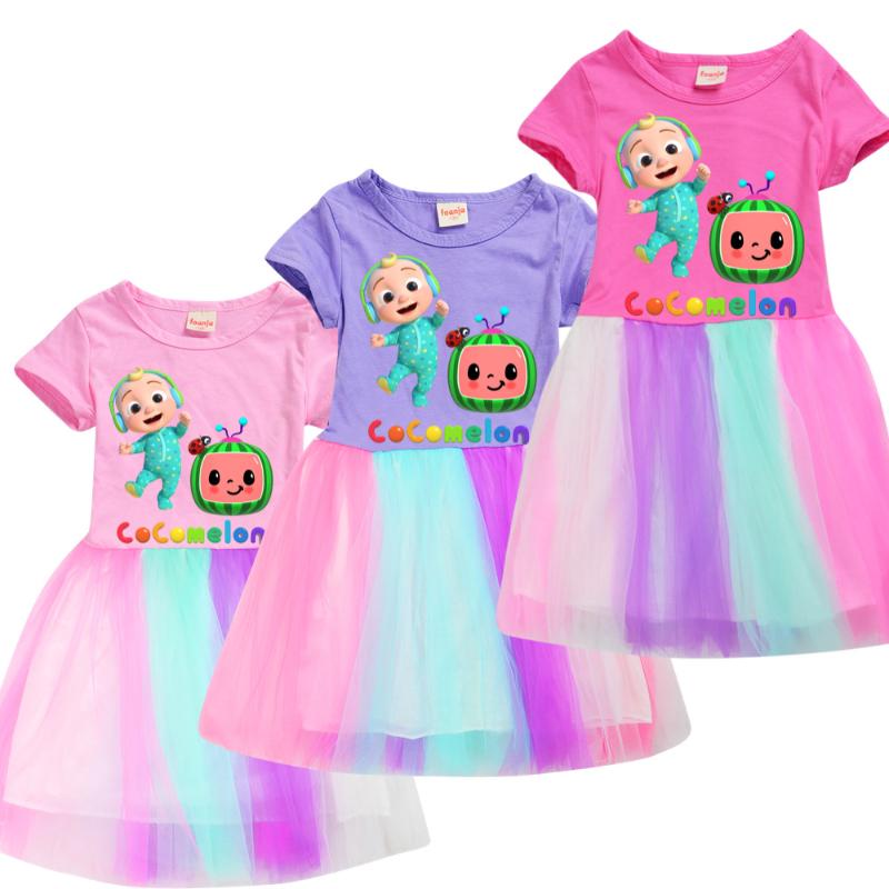 

Girl's Dresses Girls Princess Dress Kids Cute Cartoon T Shirt Pleated Tutu Children Summer Vestidos Birthday Party Clothes, Red;yellow