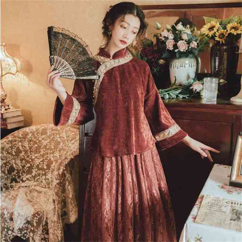 

Women Skirt Set Two Piece Sets Suit Dress Vintage Embroidery Velvet Top and Long Lace Cheongsam Spring 210603, Gray
