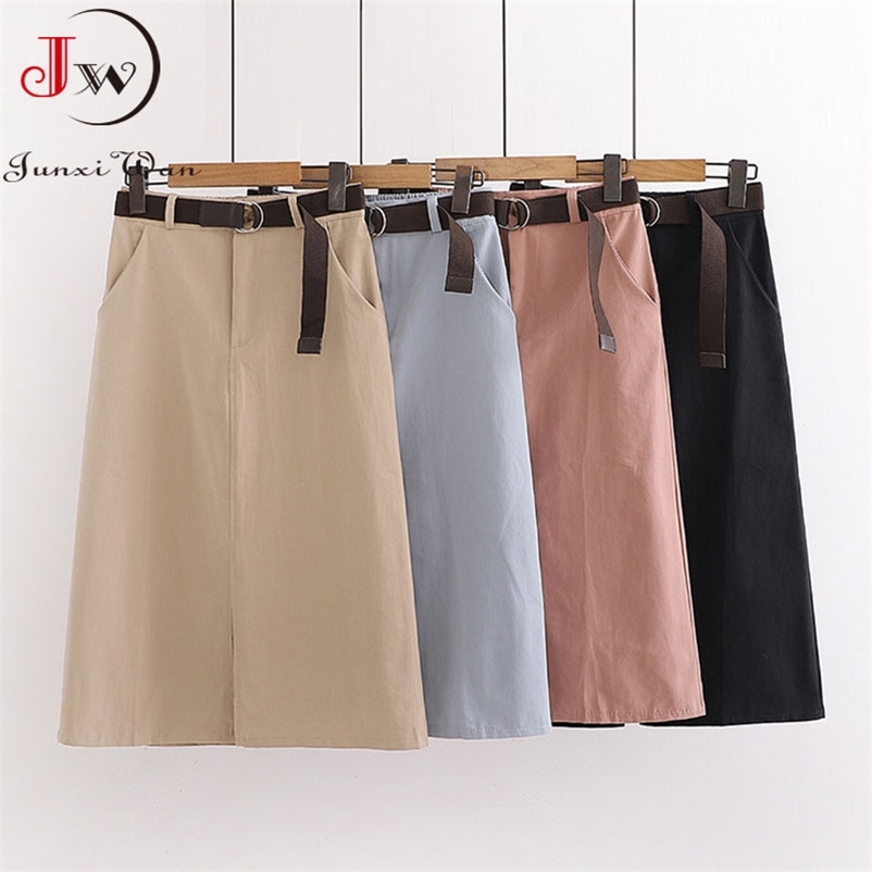 Women Casual Summer Skirt Solid Elastic High Waist Sashes Split Elegant Chic Office Lady Cotton Midi Skirts Saia Femme 210412Z