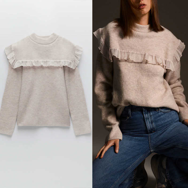 

Za Organza Knit Ribbed Sweater Women Chic Long Sleeve O Neck Pullover Female Ruffle Applique Splicing Knitted Top Sweaters 210602, As picture