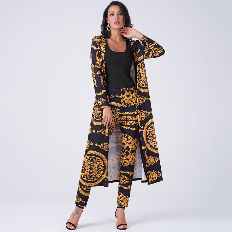 

Women' Two Piece Pants Summer Women 2 Pieces Set Vintage Palazoo Print High Waist Elastic Long Sleeve Open Front Coat Homewear Business Sui, Black