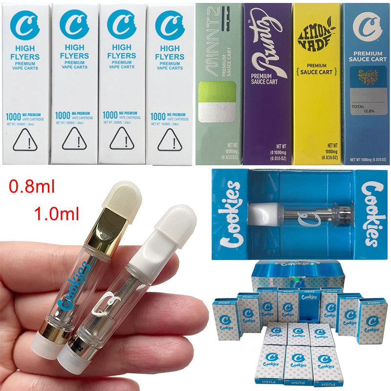 

Premium Sauce Cart Cookies Cartridges Thick Oil Atomizers Ceramic Coil 0.8ml 1ml Empty Vape Pen Carts Packaging 510 Thread High Flyers