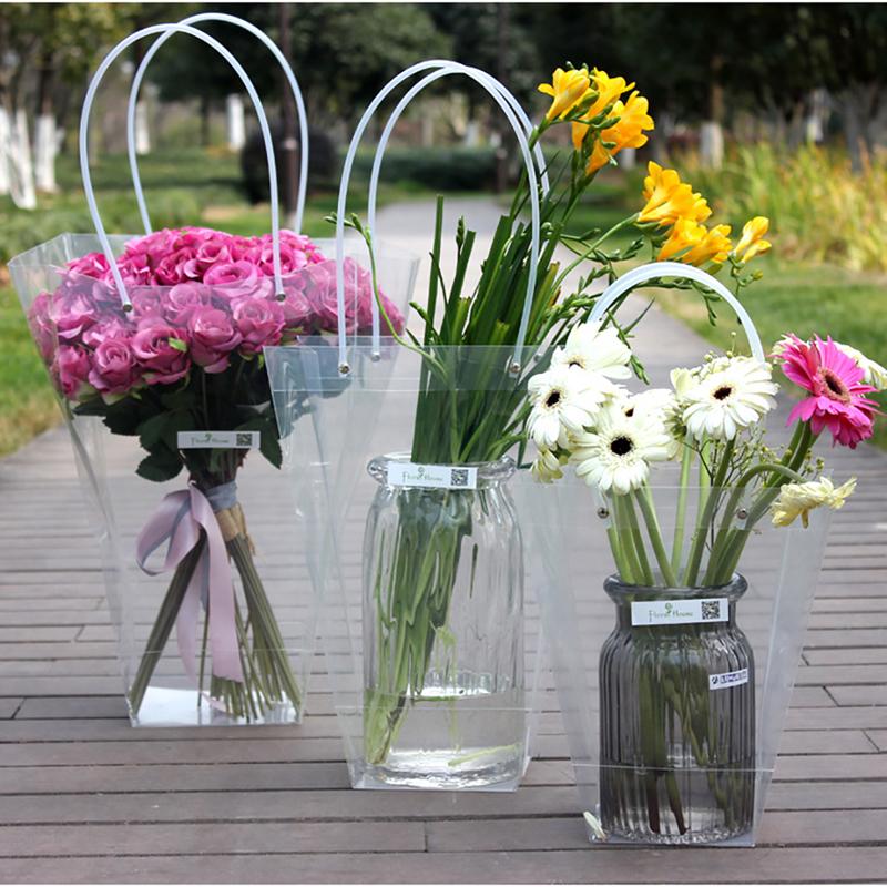 

Gift Wrap Long Handle Plastic Transparent Trapezoid Handbag PP Flower Bag Succulent Potted Roses Valentine's Day Packaging Supplies